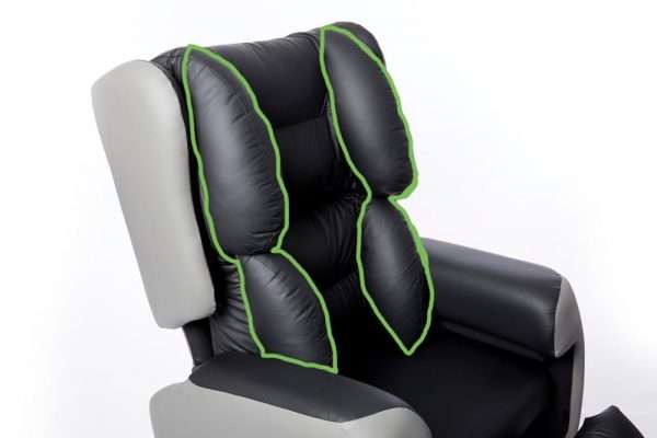 Close up shot of the Lento medical chair with the orthopaedic lateral patient supports highlighted in green.
