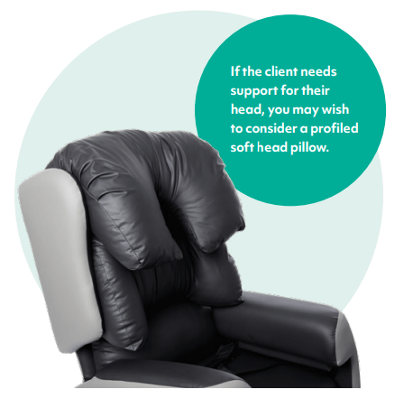 Close up of the Lento medical recliner chair with an attached horseshoe cushion for patient comfort. A text bubble reads "if the patient needs support for their head, you may wish to consider a profiled soft head pillow."