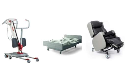 Product shots of the three pieces of care equipment. The Quick Raizer 205 Hoist, Tenero profiling bed & Lento Care Chair.