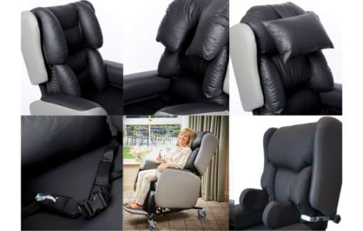 Composite images of specialist seating accessories along with an image of an elderly woman sat in the Lento care chair.