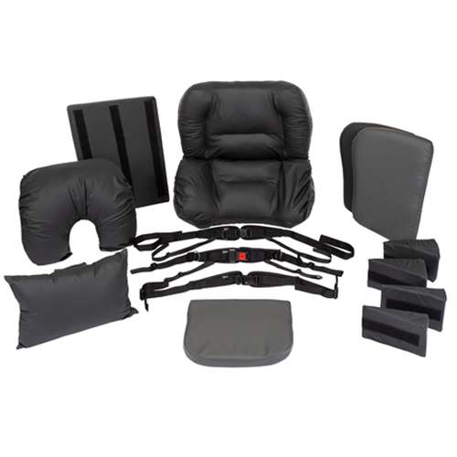 Image showing various specialist seating patient postural support cushions and accessories for neurorehabilitation recliner chairs. Background is white.