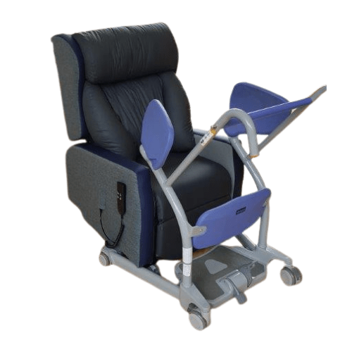 Product shot of a Prospec riser recliner hospital chair with Sara Stedy in use.