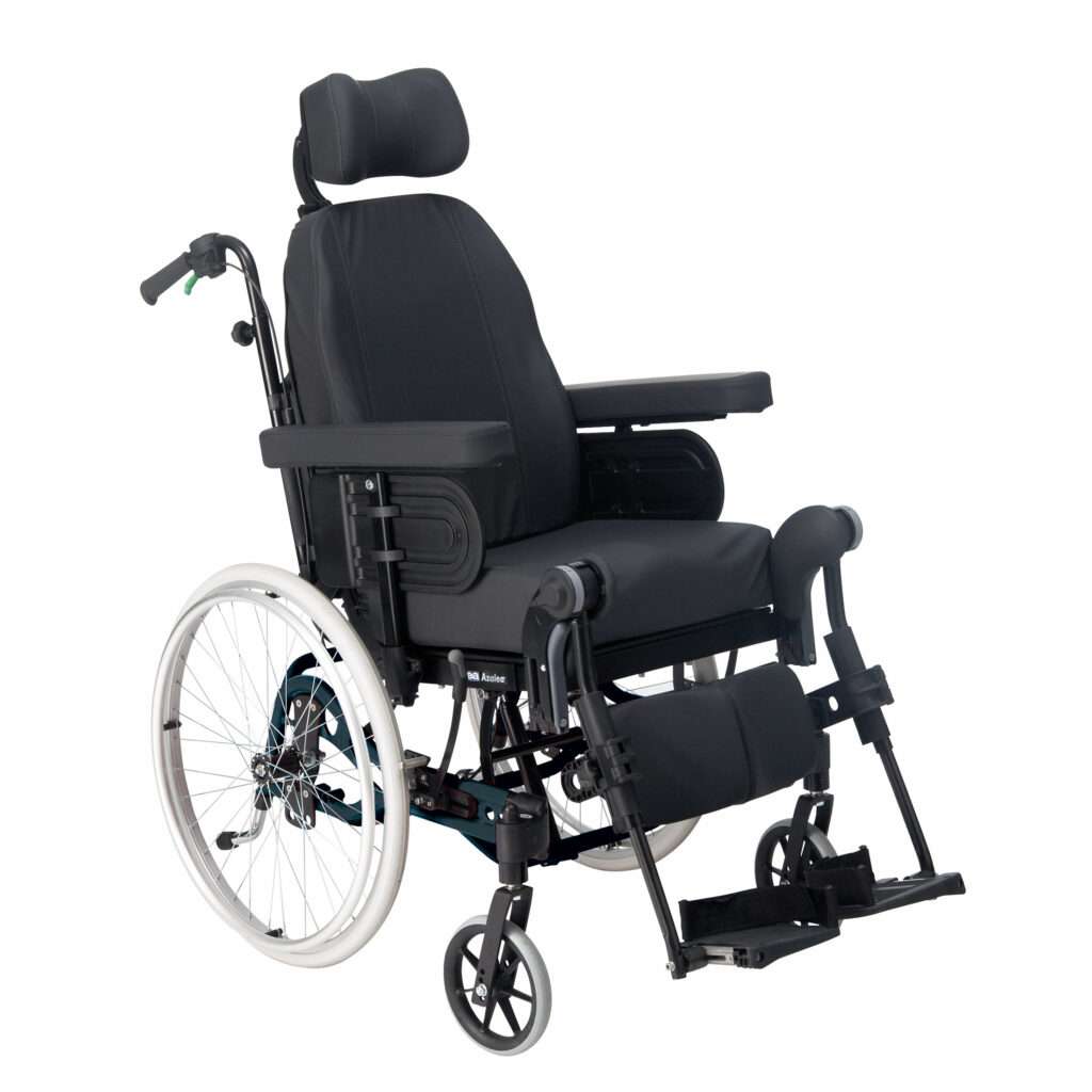 Product shot of the Rea Azalea tilt in space wheelchair. The background is white.