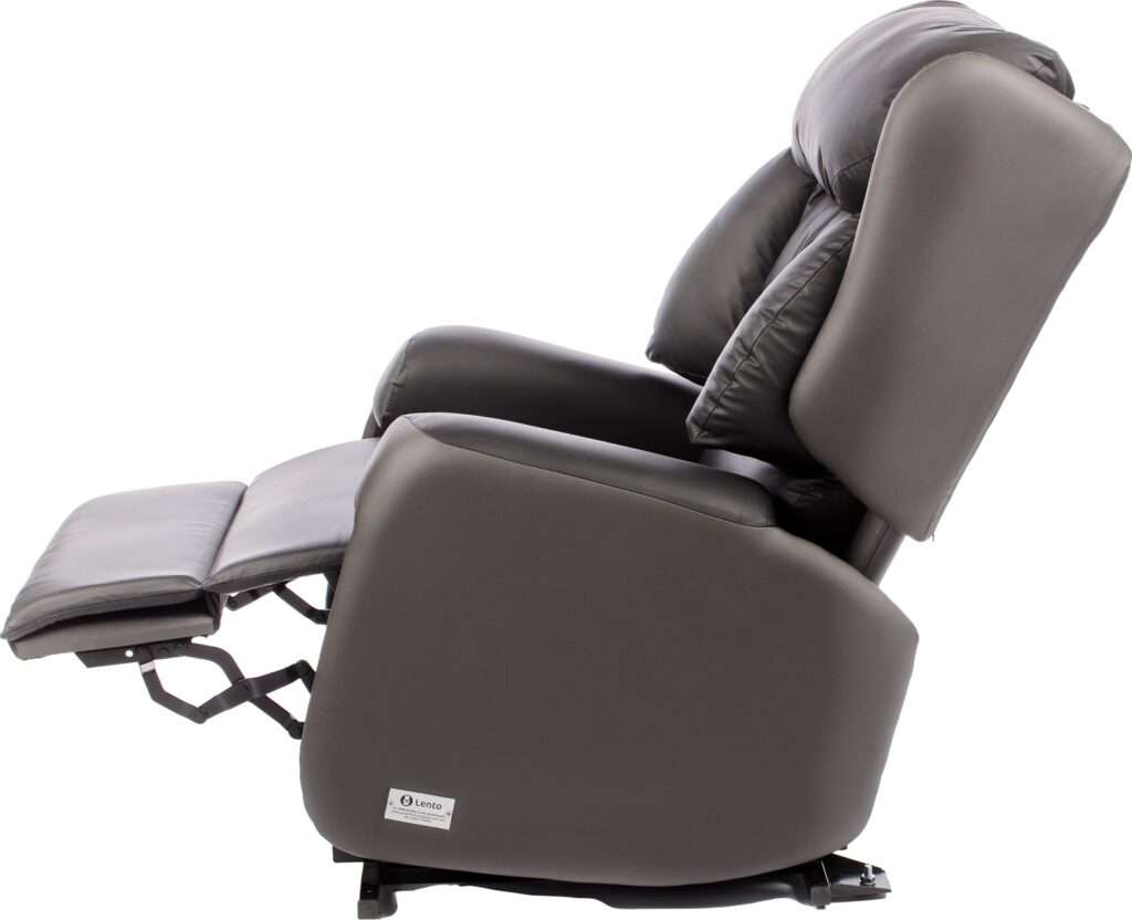 Product shot of the Lento bariatric riser recliner chair with extended legrest. On a white background.