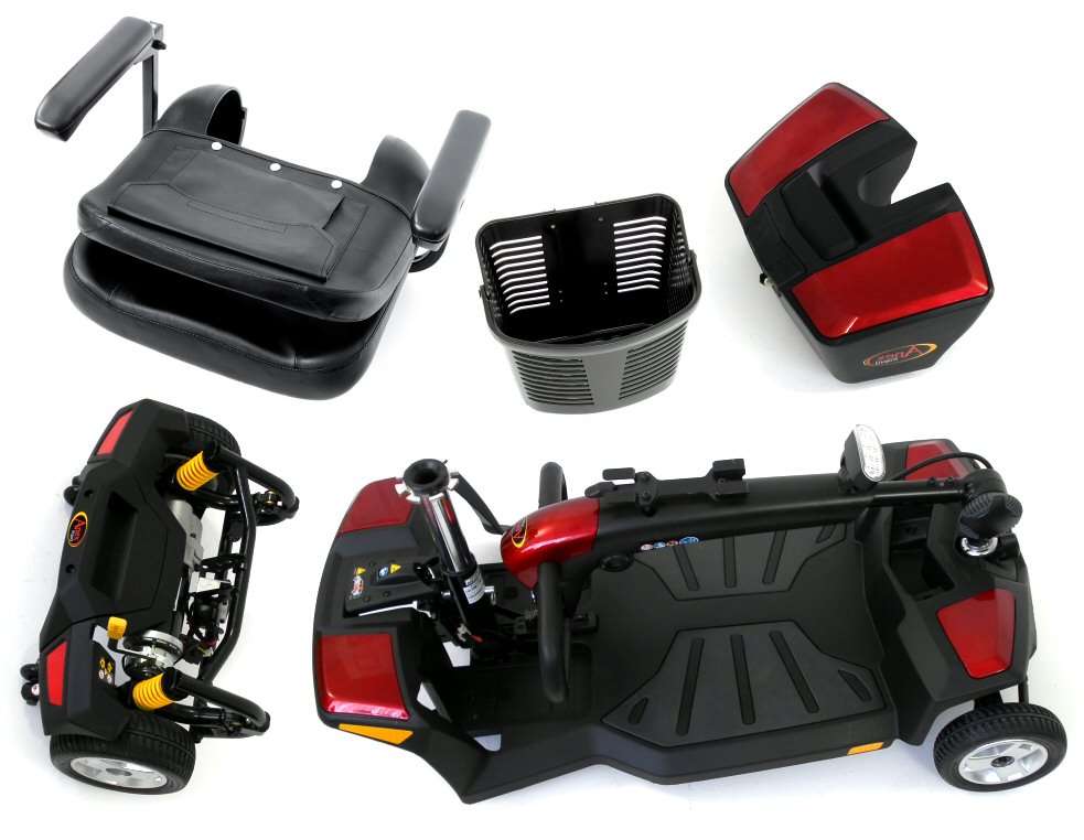 Product shot of the Apex rapid mobility scooter broken down into transportable parts.