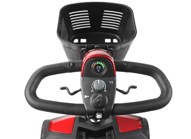 Close up of the Apex rapid mobility scooter tiller. Showing Brakes and front basket.