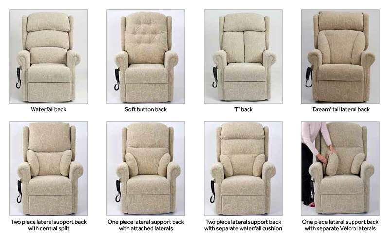 Composite image of the various back support options available on the Brecon electric riser recliner armchair