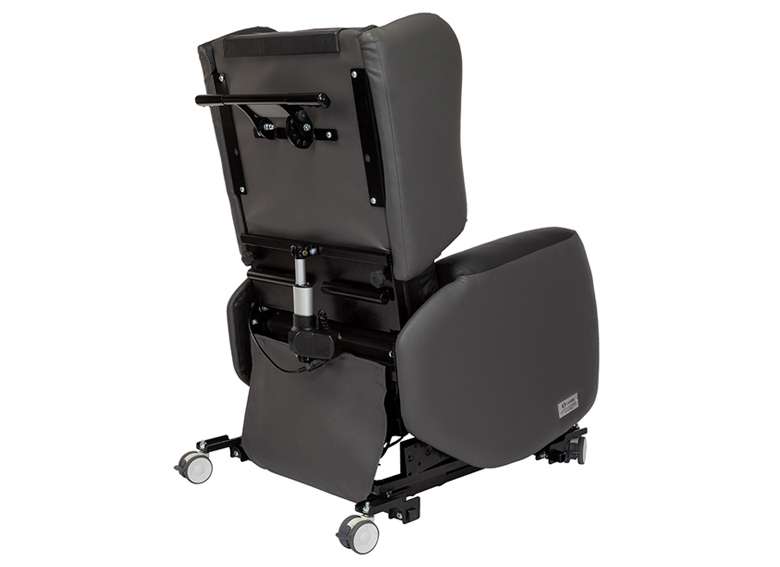 Leno medical grade portable riser recliner chair. Shot taken from the back. Wheels and handle are visible.