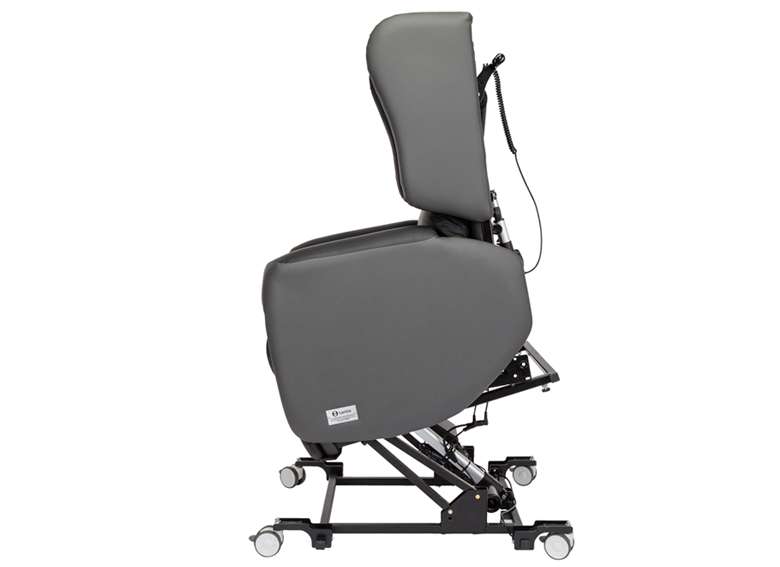 Product shot showing the Lento mobile portable medical recliner chair with wheels. This illustration shows the chair's electric lift up rise feature.