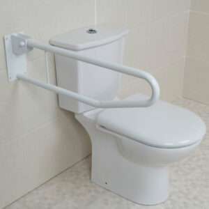 A drop down grab rail installed next to a toilet to provide extra leverage for someone getting off the loo