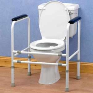 A toilet frame with handlebars on either side of the toilet to help users lower down and push up