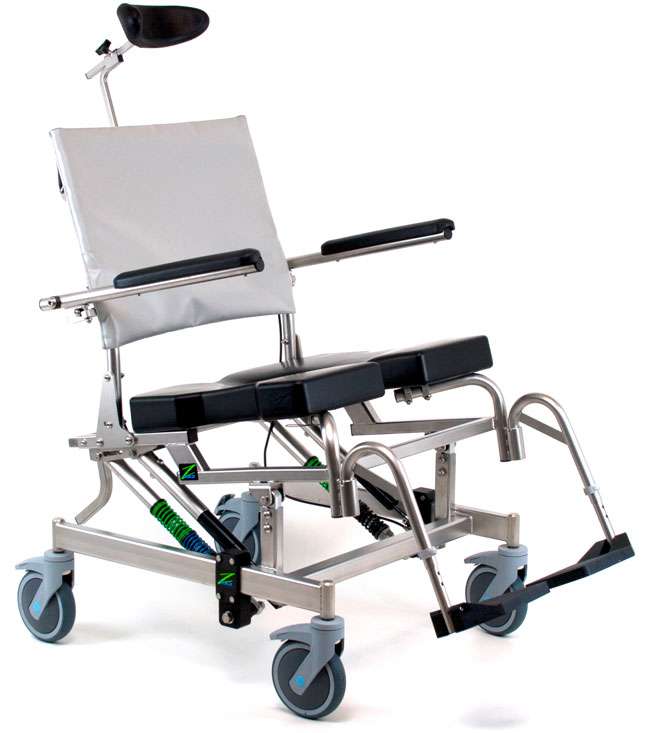 A Raz rehab chair with an attachable headrest and flip-up arms.