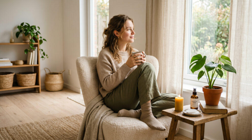 young woman relaxing at home with coffee cozy morning lifestyle