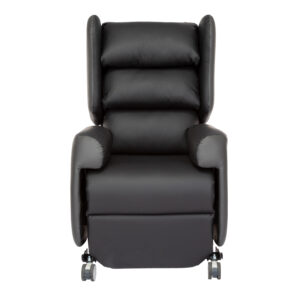 Lento mobile patient rise and recliner chair with waterfall backrest. picture taken from the front.