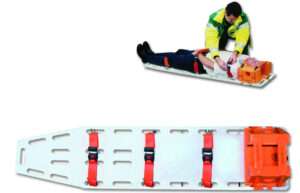 Emergency responder using a spinal board to carry a man.