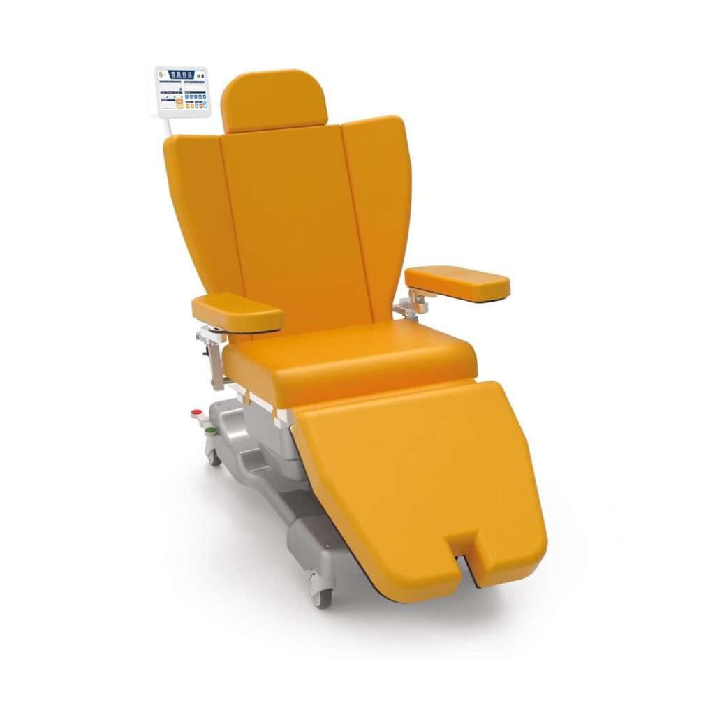 Product shot of the yellow vivid.care infusion therapy hospital chair in yellow.