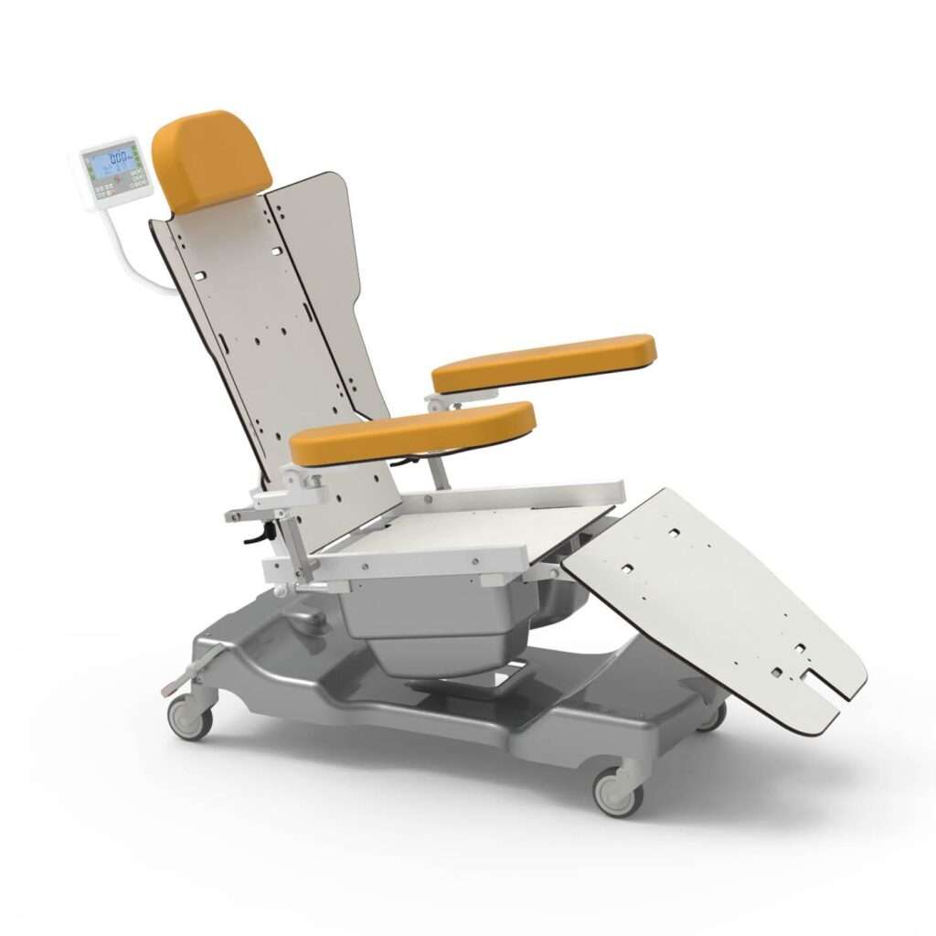 Product shot of the infusion therapy chair with cushions removed for cleaning.