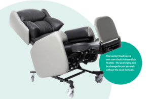 Product shot showing the Lento Patient Care Chair in a tilt in space position with an elevated and extended footrest.
