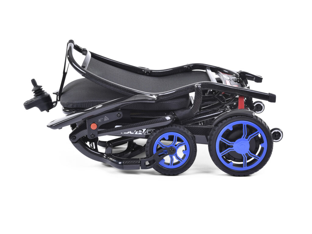 Product shot of the Quickie q50r lightweight carbon fibre foldable compact wheelchair in a folded down configuration.