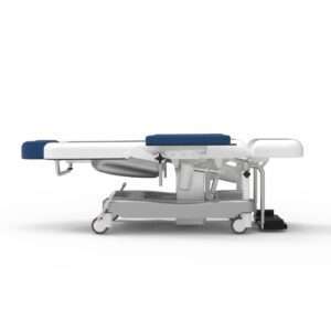 Product shot of the rehabilitation and lateral patient transfers chair. in a lie flat (supine) position.