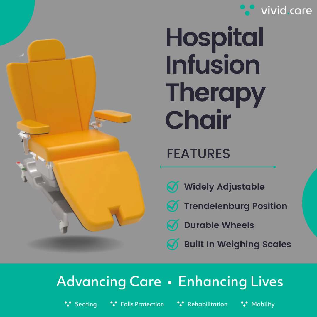 Hospital infusion therapy chair from Vivid Care promotion picture. Features of this chair are detailed. The features include: adjustability, Trendelenburg positioning, durable wheels & built in weighing scales.