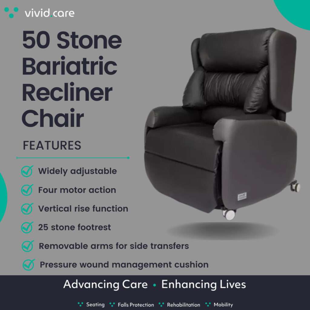 Image showing the features of the Lento 50 stone bariatric hospital riser recliner chair on wheels.