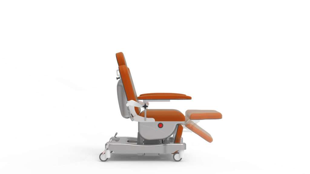 Illustration showing the footrest movement range of this patient therapy chair. The range is: from 105° to 178°