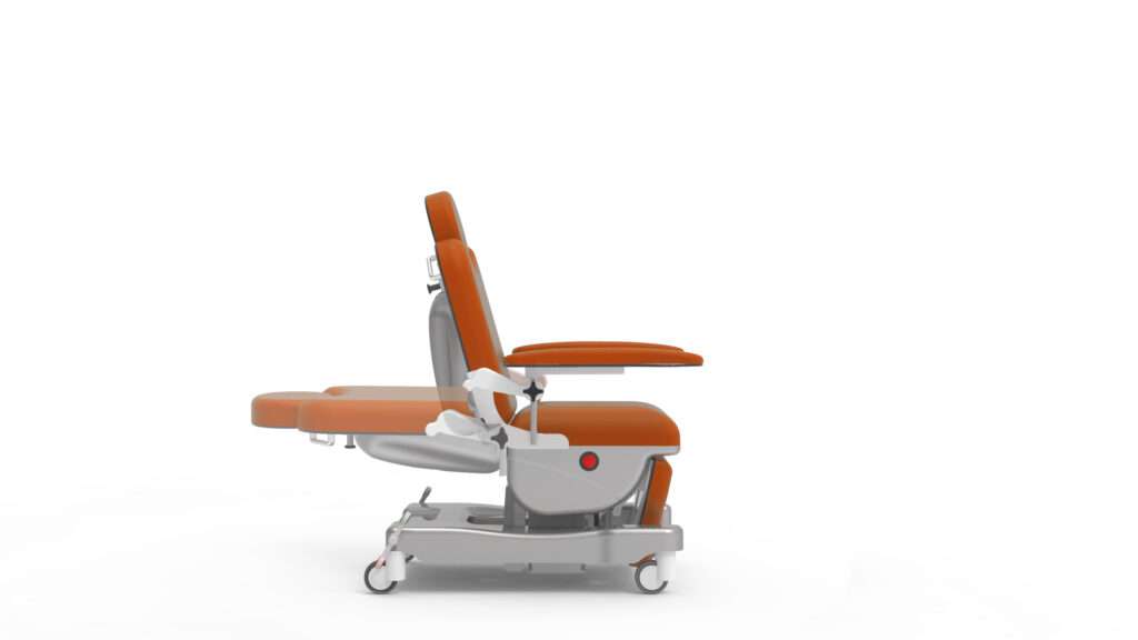 Illustration showing the backrest movement range of this patient therapy chair. The range is: from 105° to 178°