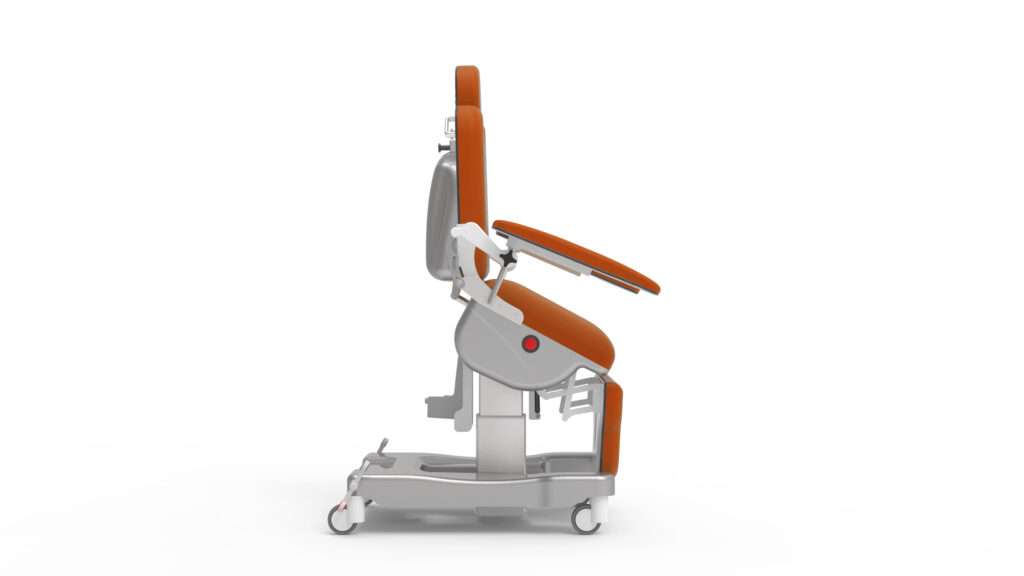 Product shot of the hospital patient therapy treatment chair in a full extended vertical ruse position.