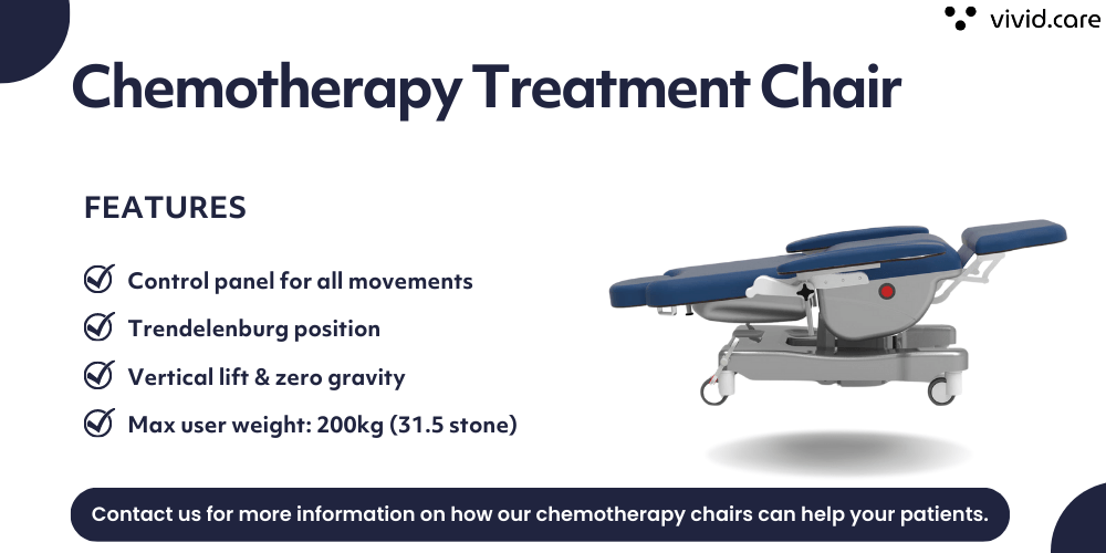 Product features of the chemotherapy patient treatment chair - sold in the UK by vivid care