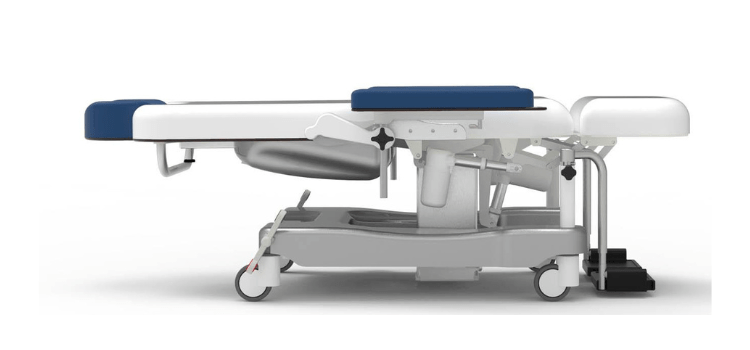 Product shot of the rehabilitation and lateral patient transfers chair. in a lie flat (supine) position.