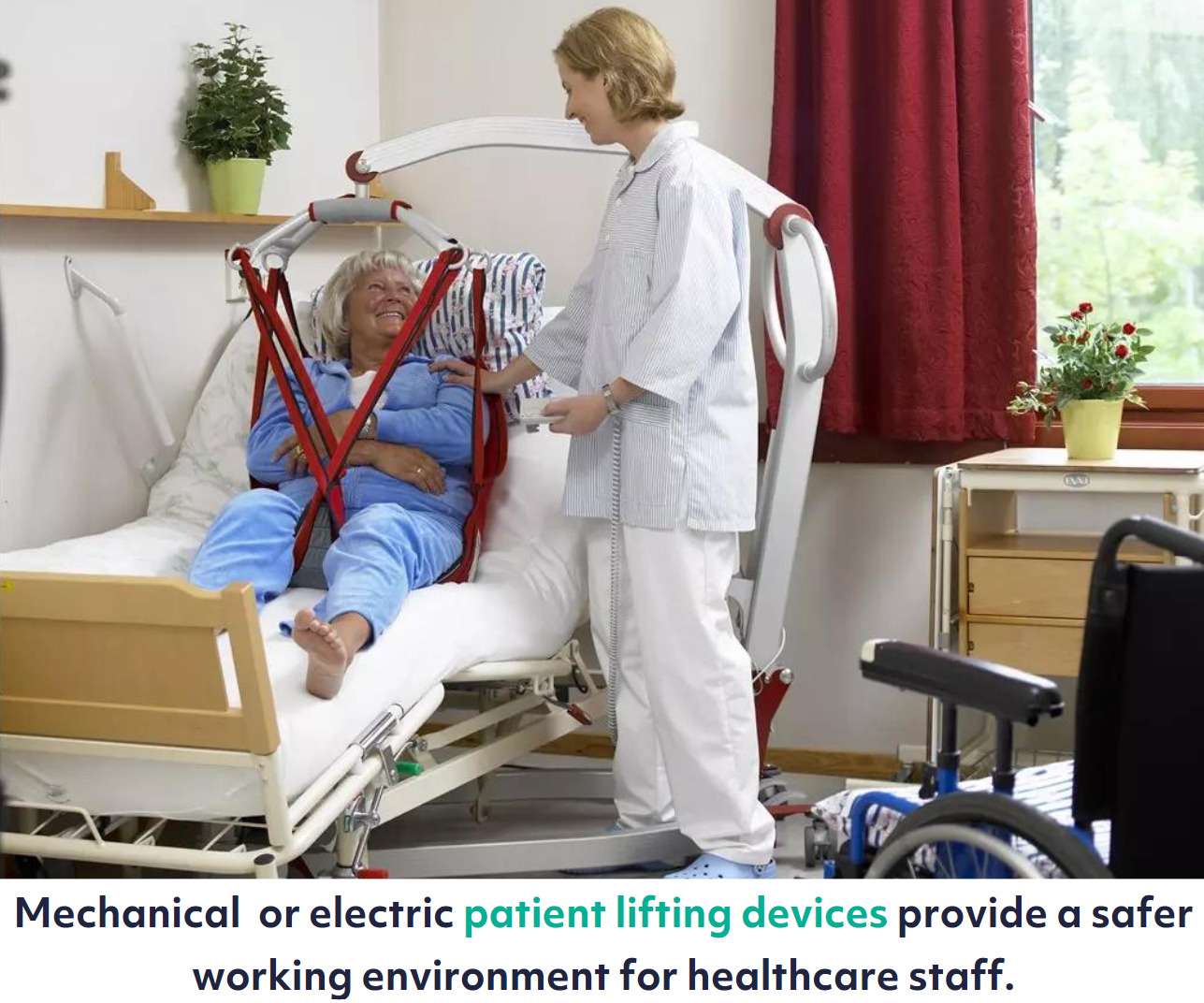Nurse lifting an elderly female patient using a electric hoist. They are indoors and a wheelchair is in the foreground.
