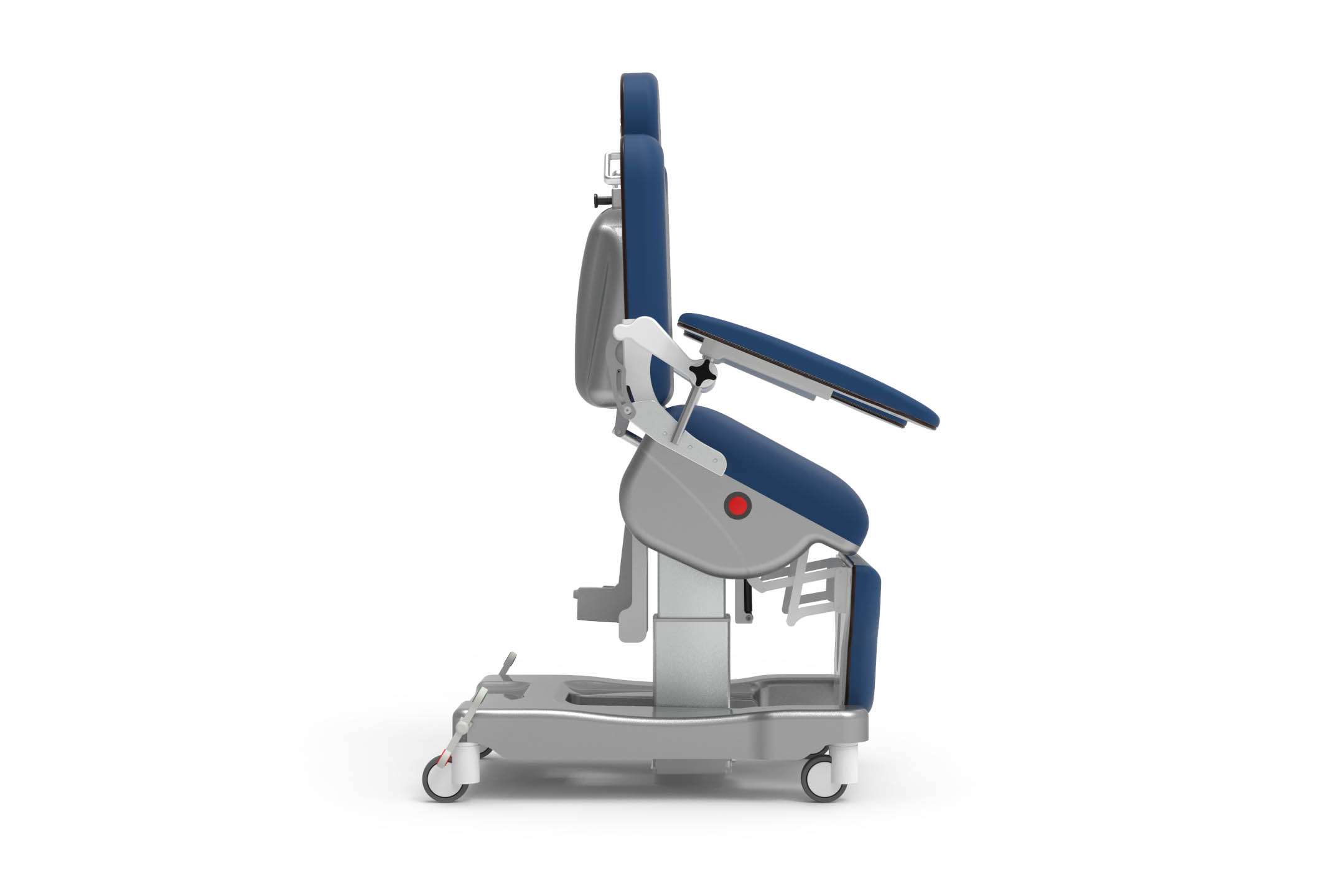 Product shot of the Gardhen Bilance hospital patient rehabilitation care with wheels. The image illustrates the electric lift up vertical rise feature.