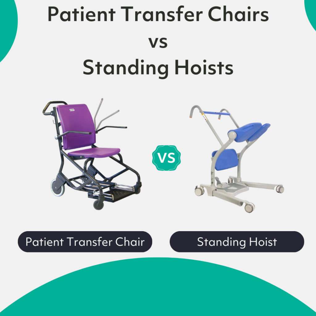 Graphic showing a patient chair and standing hoist mobility aid comparison for a vs article.