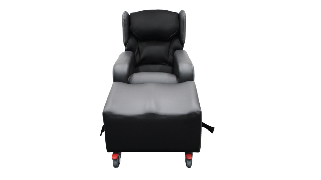 Product shot of the Lento Neuro disability recliner chair with wheels. View from the front.