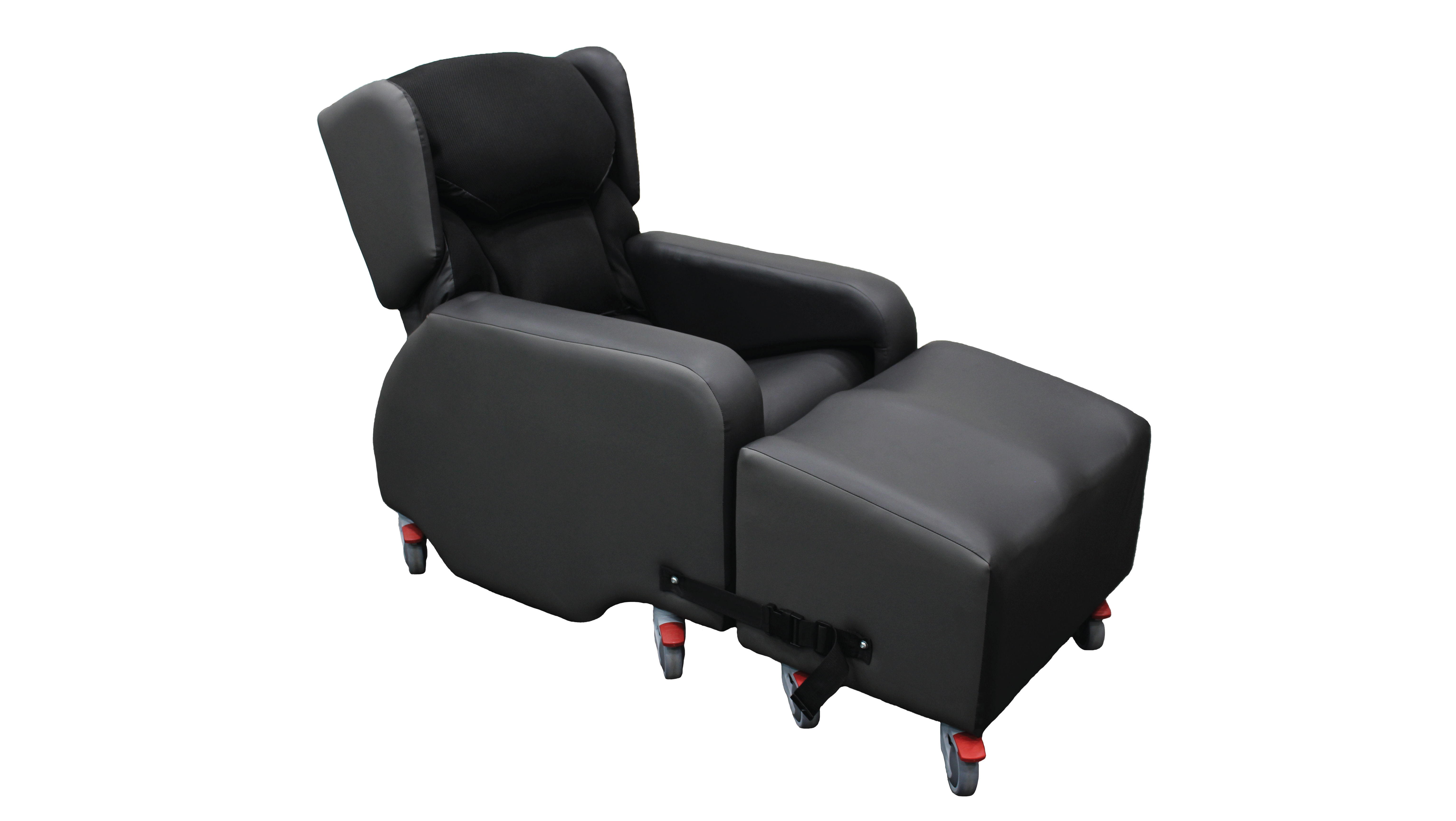 Product shot of the Lento Neuro disability recliner chair with wheels. Full shot from a 30° angle.