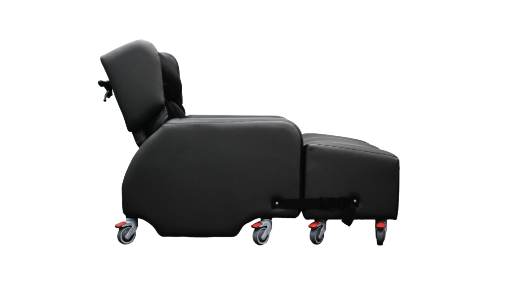 Product shot of the Lento Neuro disability recliner chair with wheels. Full product shot taken from the side.