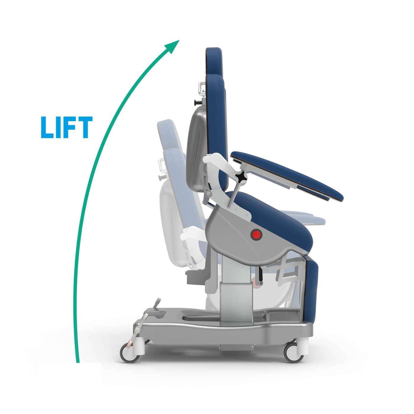 Mock up of a hospital patient rehabilitation chair with wheels. Showing electric lift up chair movement.