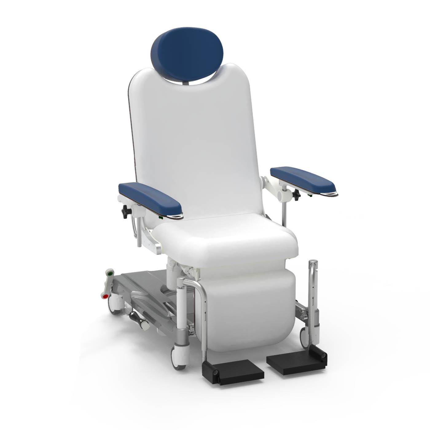 Mock up of a hospital patient rehabilitation chair with wheels. The chair has been stripped and removed of all padding for easier cleaning.