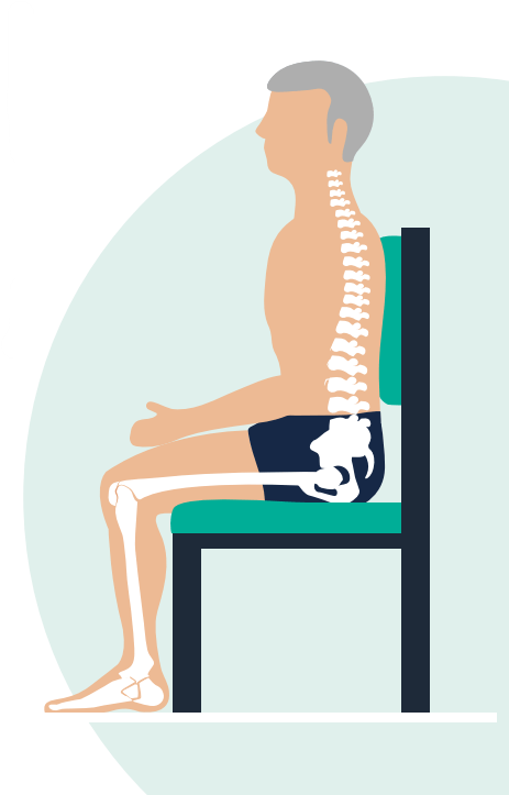 Illustration showing a person (man) sitting in an upright chair with correct posture.