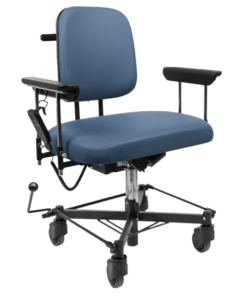 Product shot of the VELA Medical electric bariatric hospital patient chair with braked wheels. White background.