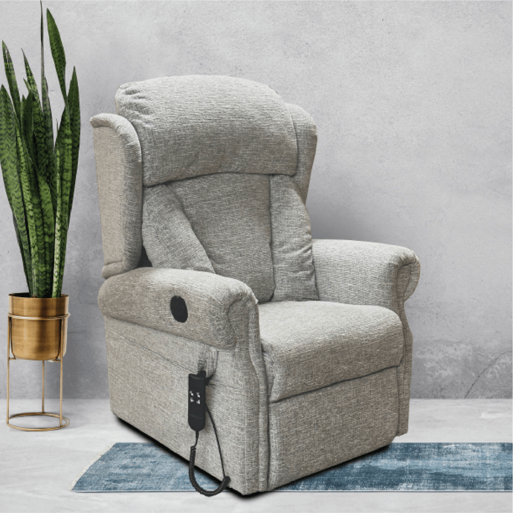 Nidderdale Armchair Side View - Rise Recline Chair in Floral Oatmeal Fabric.