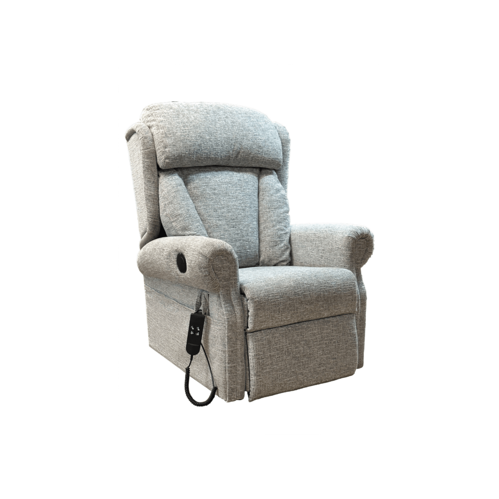 Dream Armchair Side View - Rise Recline Chair in Floral Oatmeal Fabric.