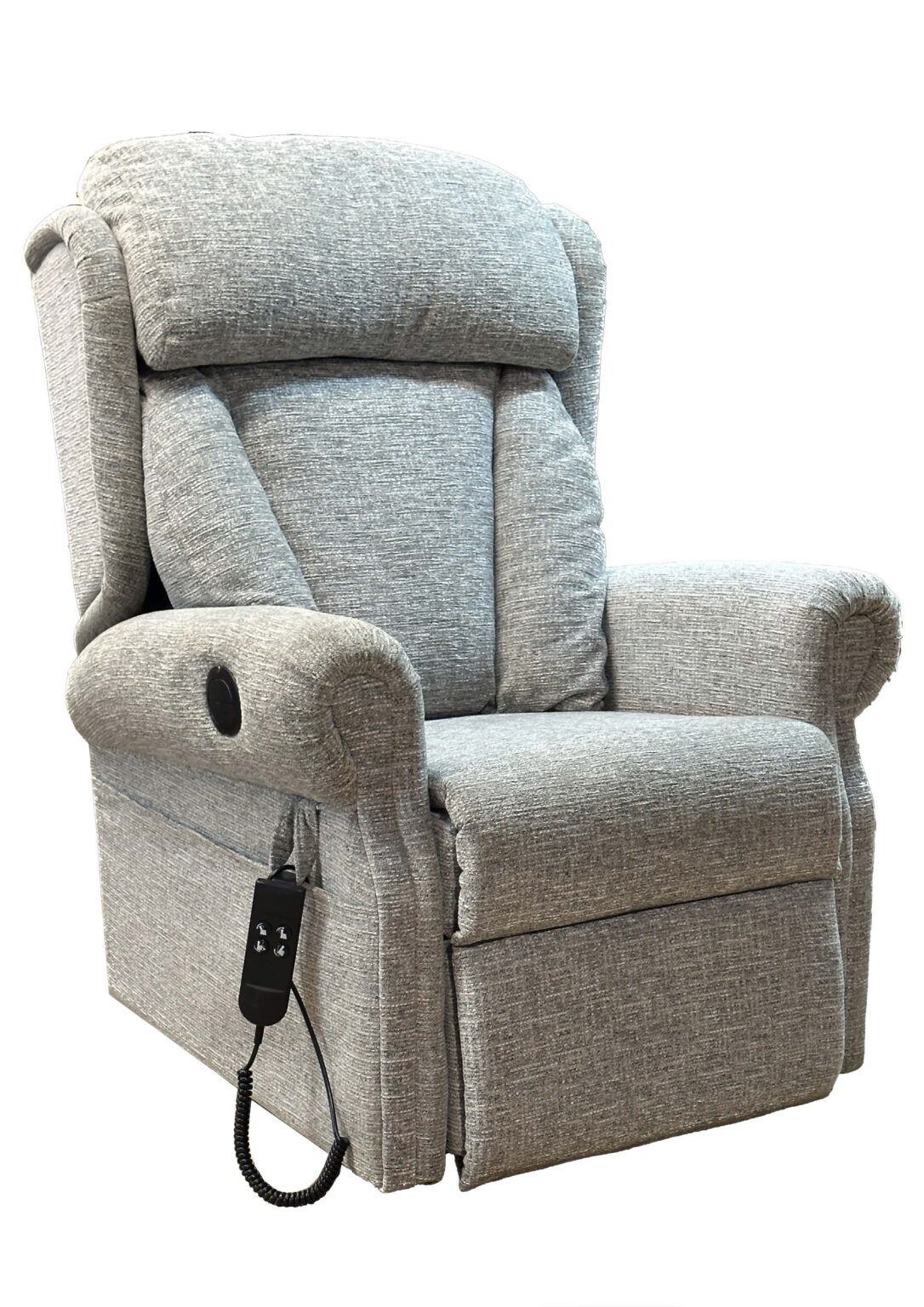 Nidderdale Armchair Side View - Rise Recline Chair in Floral Oatmeal Fabric.