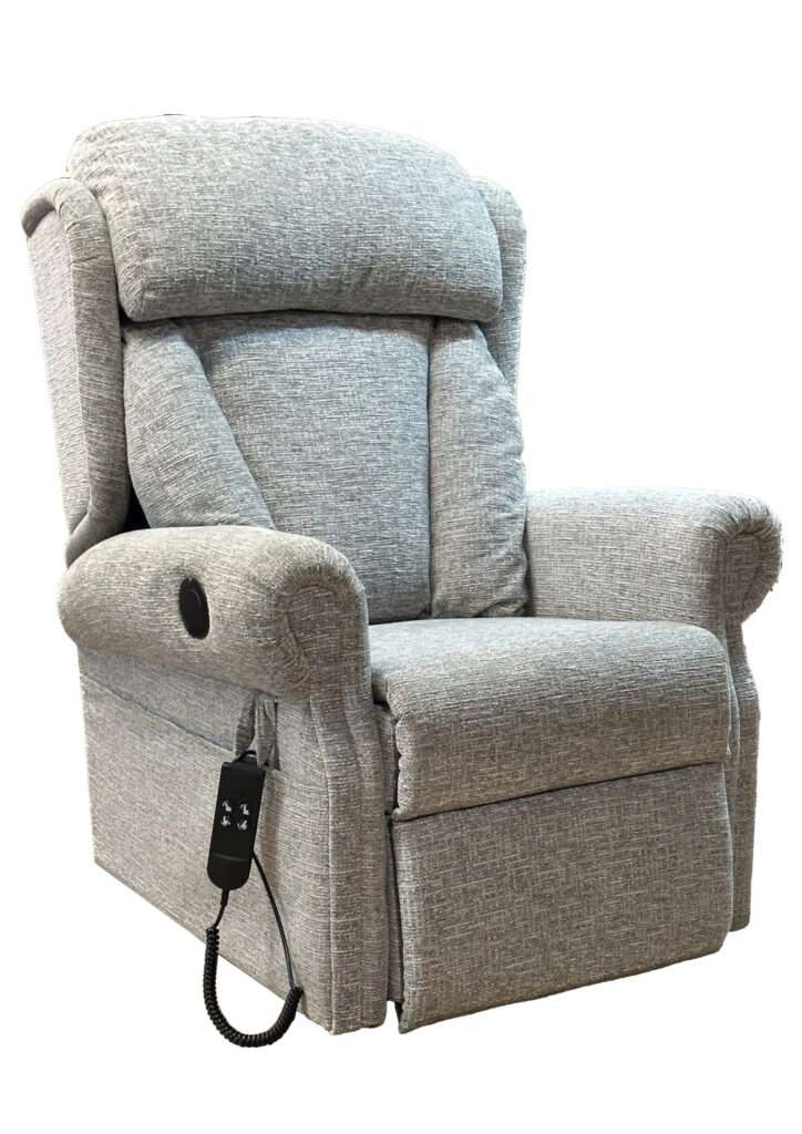 Nidderdale Armchair Side View - Rise Recline Chair in Floral Oatmeal Fabric.